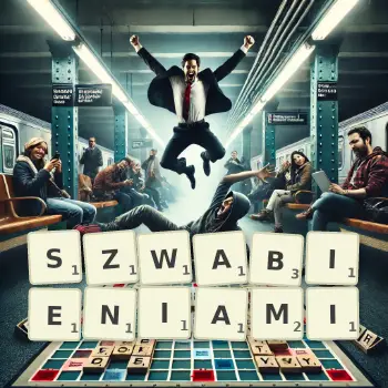 Kreatywna ilustracja do gry w Scrabble ze słowem SZWABIENIAMI ułożonym z płytek na planszy.