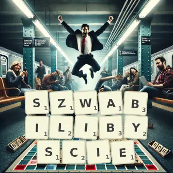 Kreatywna ilustracja do gry w Scrabble ze słowem SZWABILIBYSCIE ułożonym z płytek na planszy.