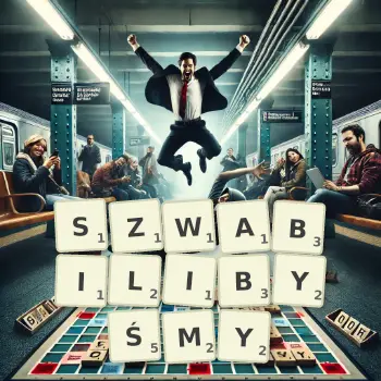 Kreatywna ilustracja do gry w Scrabble ze słowem SZWABILIBYŚMY ułożonym z płytek na planszy.