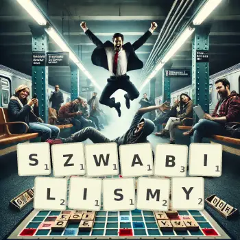 Kreatywna ilustracja do gry w Scrabble ze słowem SZWABILISMY ułożonym z płytek na planszy.