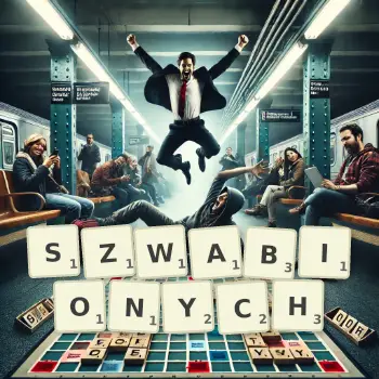 Kreatywna ilustracja do gry w Scrabble ze słowem SZWABIONYCH ułożonym z płytek na planszy.