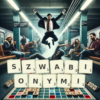 Kreatywna ilustracja do gry w Scrabble ze słowem SZWABIONYMI ułożonym z płytek na planszy.