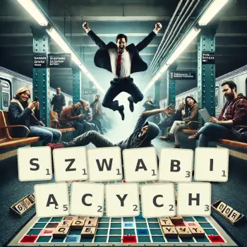 Kreatywna ilustracja do gry w Scrabble ze słowem SZWABIĄCYCH ułożonym z płytek na planszy.