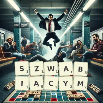 Kreatywna ilustracja do gry w Scrabble ze słowem SZWABIĄCYM ułożonym z płytek na planszy.