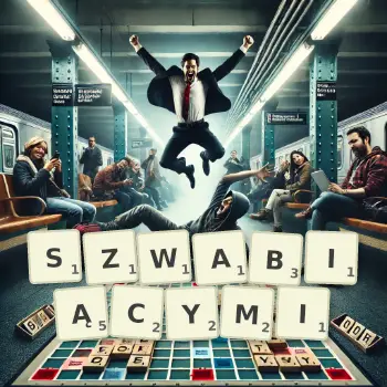 Kreatywna ilustracja do gry w Scrabble ze słowem SZWABIĄCYMI ułożonym z płytek na planszy.