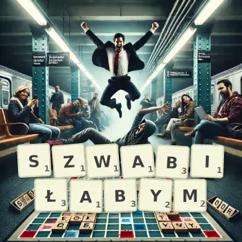 Kreatywna ilustracja do gry w Scrabble ze słowem SZWABIŁABYM ułożonym z płytek na planszy.