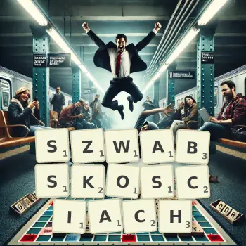 Kreatywna ilustracja do gry w Scrabble ze słowem SZWABSKOSCIACH ułożonym z płytek na planszy.