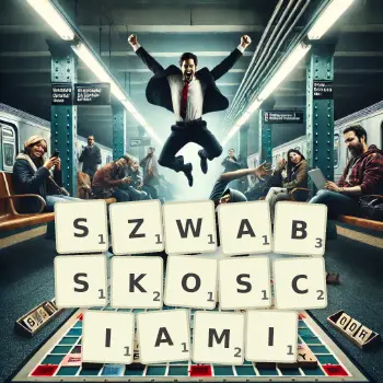 Kreatywna ilustracja do gry w Scrabble ze słowem SZWABSKOSCIAMI ułożonym z płytek na planszy.