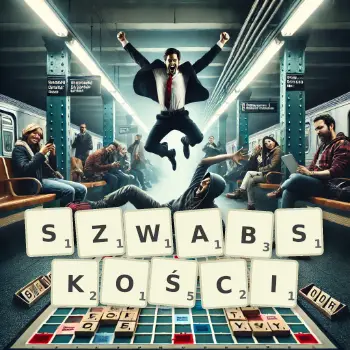Kreatywna ilustracja do gry w Scrabble ze słowem SZWABSKOŚCI ułożonym z płytek na planszy.