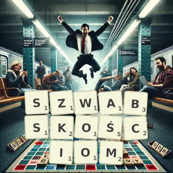 Kreatywna ilustracja do gry w Scrabble ze słowem SZWABSKOŚCIOM ułożonym z płytek na planszy.