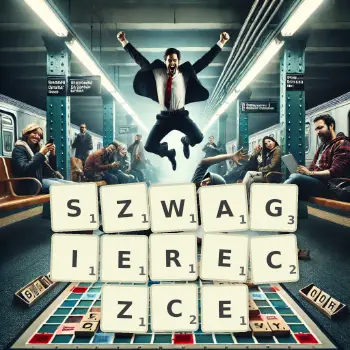 Kreatywna ilustracja do gry w Scrabble ze słowem SZWAGIERECZCE ułożonym z płytek na planszy.