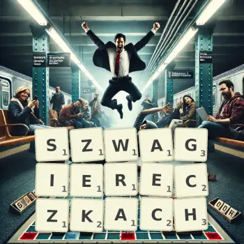 Kreatywna ilustracja do gry w Scrabble ze słowem SZWAGIERECZKACH ułożonym z płytek na planszy.