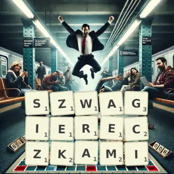 Kreatywna ilustracja do gry w Scrabble ze słowem SZWAGIERECZKAMI ułożonym z płytek na planszy.