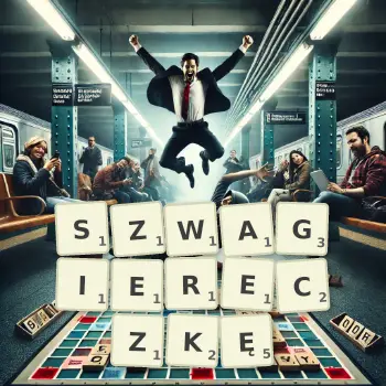 Kreatywna ilustracja do gry w Scrabble ze słowem SZWAGIERECZKĘ ułożonym z płytek na planszy.