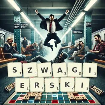 Kreatywna ilustracja do gry w Scrabble ze słowem SZWAGIERSKI ułożonym z płytek na planszy.