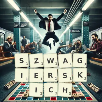 Kreatywna ilustracja do gry w Scrabble ze słowem SZWAGIERSKICH ułożonym z płytek na planszy.