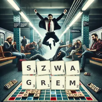 Kreatywna ilustracja do gry w Scrabble ze słowem SZWAGREM ułożonym z płytek na planszy.