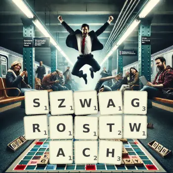 Kreatywna ilustracja do gry w Scrabble ze słowem SZWAGROSTWACH ułożonym z płytek na planszy.