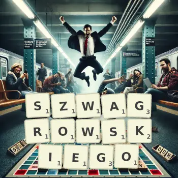 Kreatywna ilustracja do gry w Scrabble ze słowem SZWAGROWSKIEGO ułożonym z płytek na planszy.