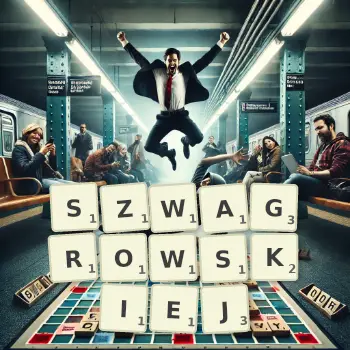 Kreatywna ilustracja do gry w Scrabble ze słowem SZWAGROWSKIEJ ułożonym z płytek na planszy.