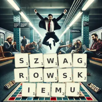 Kreatywna ilustracja do gry w Scrabble ze słowem SZWAGROWSKIEMU ułożonym z płytek na planszy.
