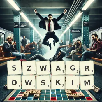 Kreatywna ilustracja do gry w Scrabble ze słowem SZWAGROWSKIM ułożonym z płytek na planszy.