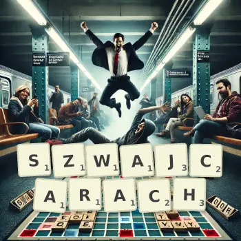 Kreatywna ilustracja do gry w Scrabble ze słowem SZWAJCARACH ułożonym z płytek na planszy.