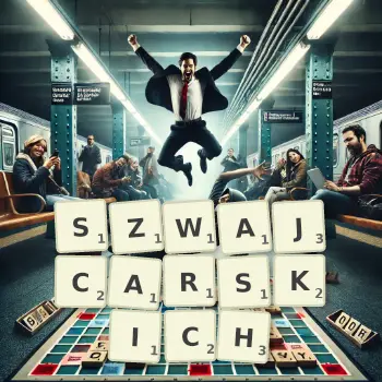Kreatywna ilustracja do gry w Scrabble ze słowem SZWAJCARSKICH ułożonym z płytek na planszy.