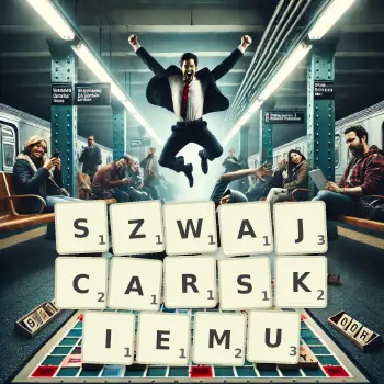 Kreatywna ilustracja do gry w Scrabble ze słowem SZWAJCARSKIEMU ułożonym z płytek na planszy.