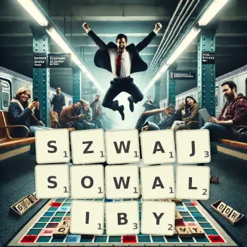 Kreatywna ilustracja do gry w Scrabble ze słowem SZWAJSOWALIBY ułożonym z płytek na planszy.