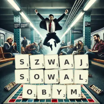 Kreatywna ilustracja do gry w Scrabble ze słowem SZWAJSOWALOBYM ułożonym z płytek na planszy.