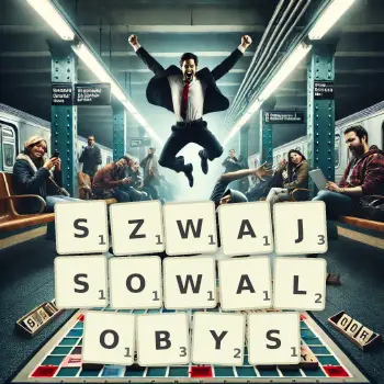 Kreatywna ilustracja do gry w Scrabble ze słowem SZWAJSOWALOBYS ułożonym z płytek na planszy.