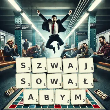 Kreatywna ilustracja do gry w Scrabble ze słowem SZWAJSOWAŁABYM ułożonym z płytek na planszy.