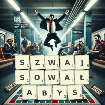 Kreatywna ilustracja do gry w Scrabble ze słowem SZWAJSOWAŁABYŚ ułożonym z płytek na planszy.