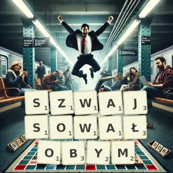Kreatywna ilustracja do gry w Scrabble ze słowem SZWAJSOWAŁOBYM ułożonym z płytek na planszy.