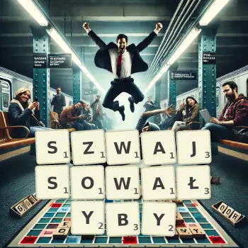 Kreatywna ilustracja do gry w Scrabble ze słowem SZWAJSOWAŁYBY ułożonym z płytek na planszy.