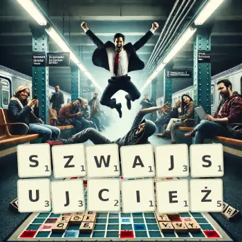 Kreatywna ilustracja do gry w Scrabble ze słowem SZWAJSUJCIEŻ ułożonym z płytek na planszy.
