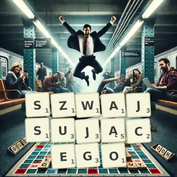 Kreatywna ilustracja do gry w Scrabble ze słowem SZWAJSUJĄCEGO ułożonym z płytek na planszy.