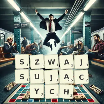 Kreatywna ilustracja do gry w Scrabble ze słowem SZWAJSUJĄCYCH ułożonym z płytek na planszy.