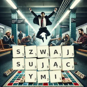 Kreatywna ilustracja do gry w Scrabble ze słowem SZWAJSUJĄCYMI ułożonym z płytek na planszy.