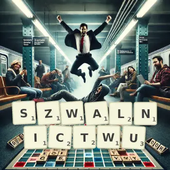 Kreatywna ilustracja do gry w Scrabble ze słowem SZWALNICTWU ułożonym z płytek na planszy.