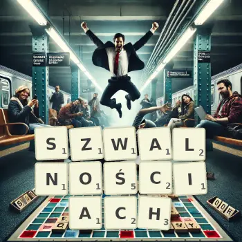 Kreatywna ilustracja do gry w Scrabble ze słowem SZWALNOŚCIACH ułożonym z płytek na planszy.