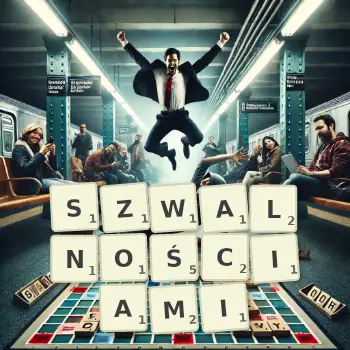 Kreatywna ilustracja do gry w Scrabble ze słowem SZWALNOŚCIAMI ułożonym z płytek na planszy.