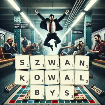 Kreatywna ilustracja do gry w Scrabble ze słowem SZWANKOWALBYS ułożonym z płytek na planszy.