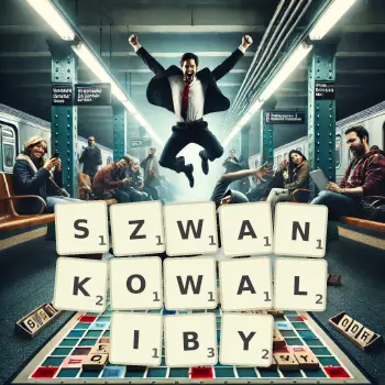 Kreatywna ilustracja do gry w Scrabble ze słowem SZWANKOWALIBY ułożonym z płytek na planszy.