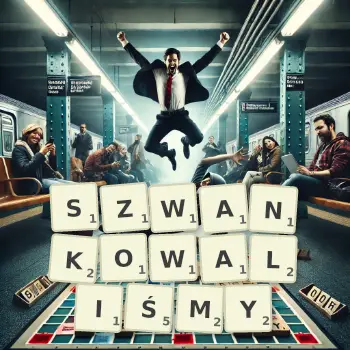 Kreatywna ilustracja do gry w Scrabble ze słowem SZWANKOWALIŚMY ułożonym z płytek na planszy.