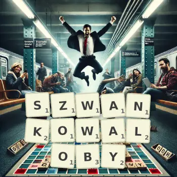 Kreatywna ilustracja do gry w Scrabble ze słowem SZWANKOWALOBY ułożonym z płytek na planszy.