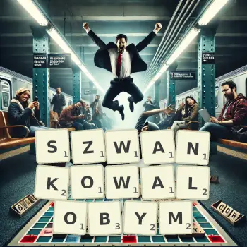 Kreatywna ilustracja do gry w Scrabble ze słowem SZWANKOWALOBYM ułożonym z płytek na planszy.