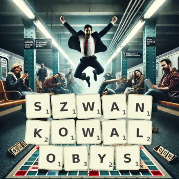 Kreatywna ilustracja do gry w Scrabble ze słowem SZWANKOWALOBYS ułożonym z płytek na planszy.