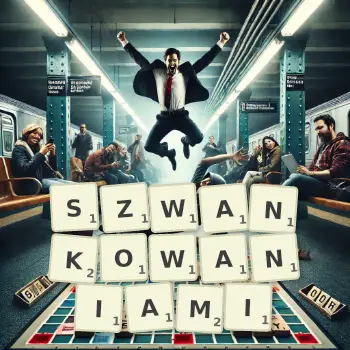 Kreatywna ilustracja do gry w Scrabble ze słowem SZWANKOWANIAMI ułożonym z płytek na planszy.